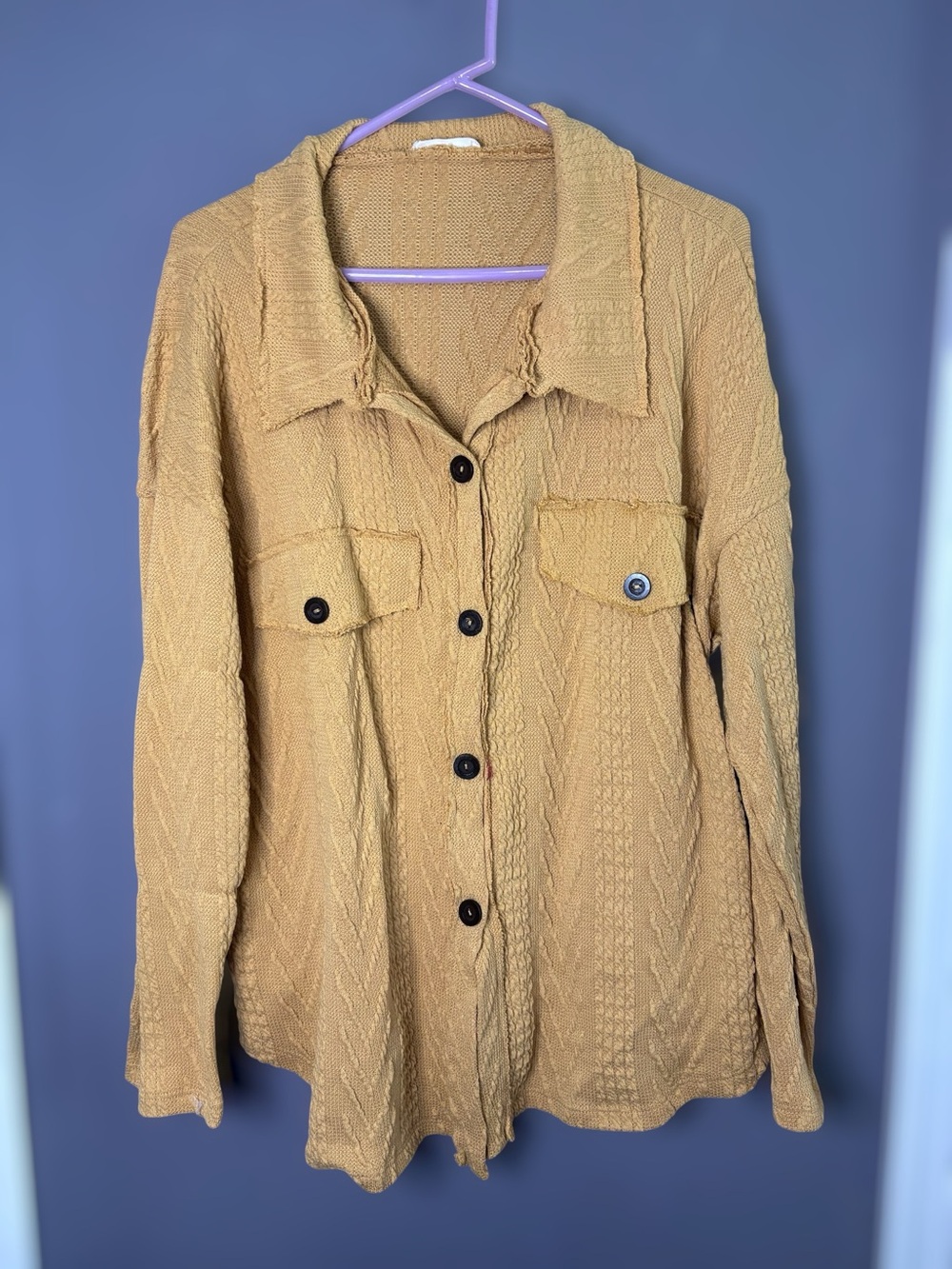 Bucketlist Mustard Yellow Cable Knit Textured Button Up Shacket Medium